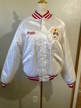 VTG King Louie Pro Satin Snap Bowling Jacket White Red Stripe USA Ladies Classic